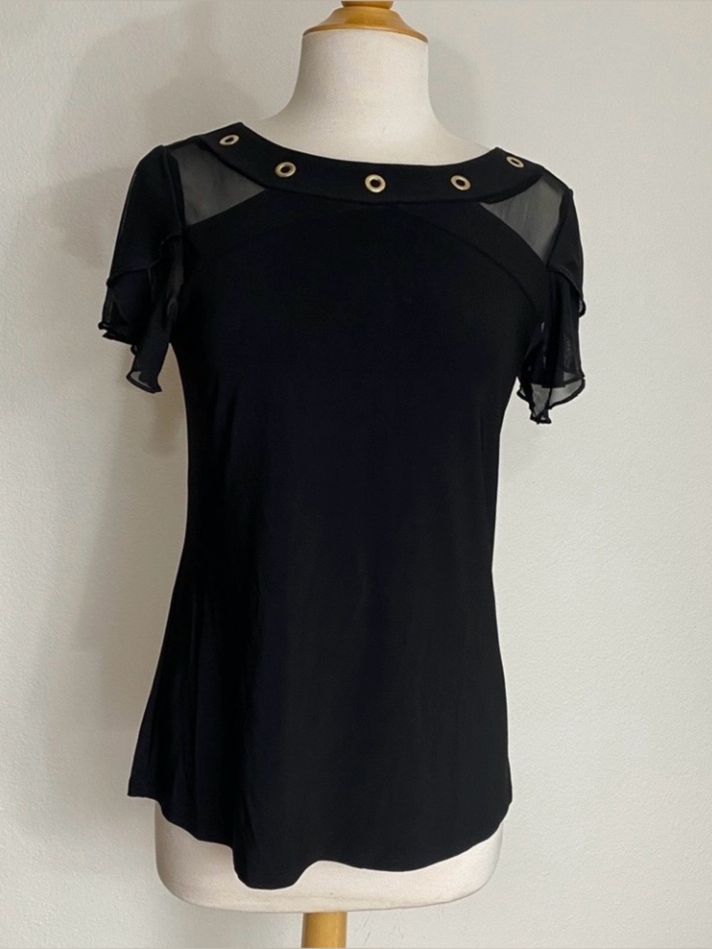 Adele & May Women's Black Mesh Grommet Stretch Blouse Size Small Classic Retro